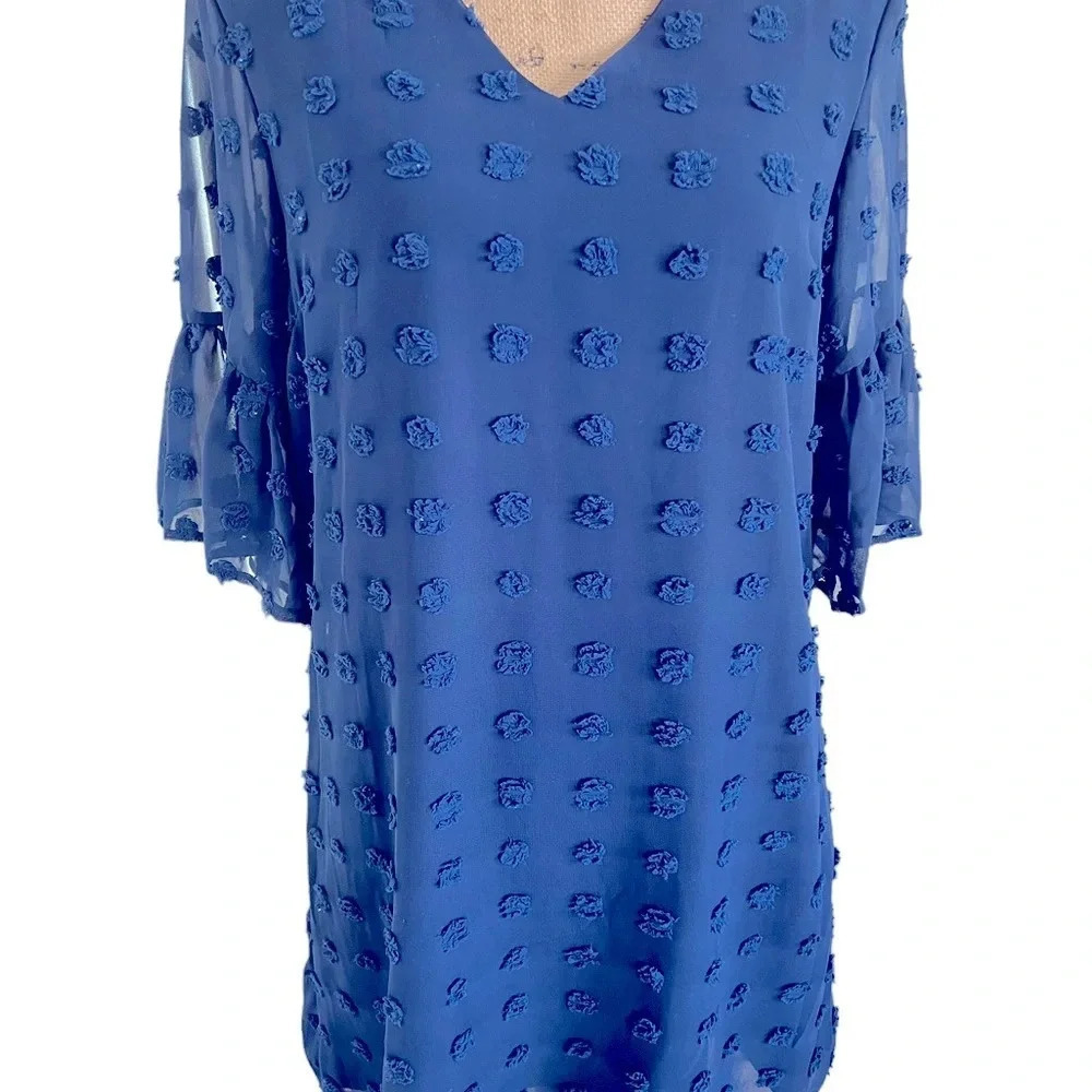 Navy Blue Textured Polka Dot Fully Lines Dress M - Picture 6 of 9